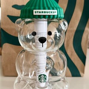 Starbucks Collectible  Green-hat Lidded Clear Bear Tumbler cup